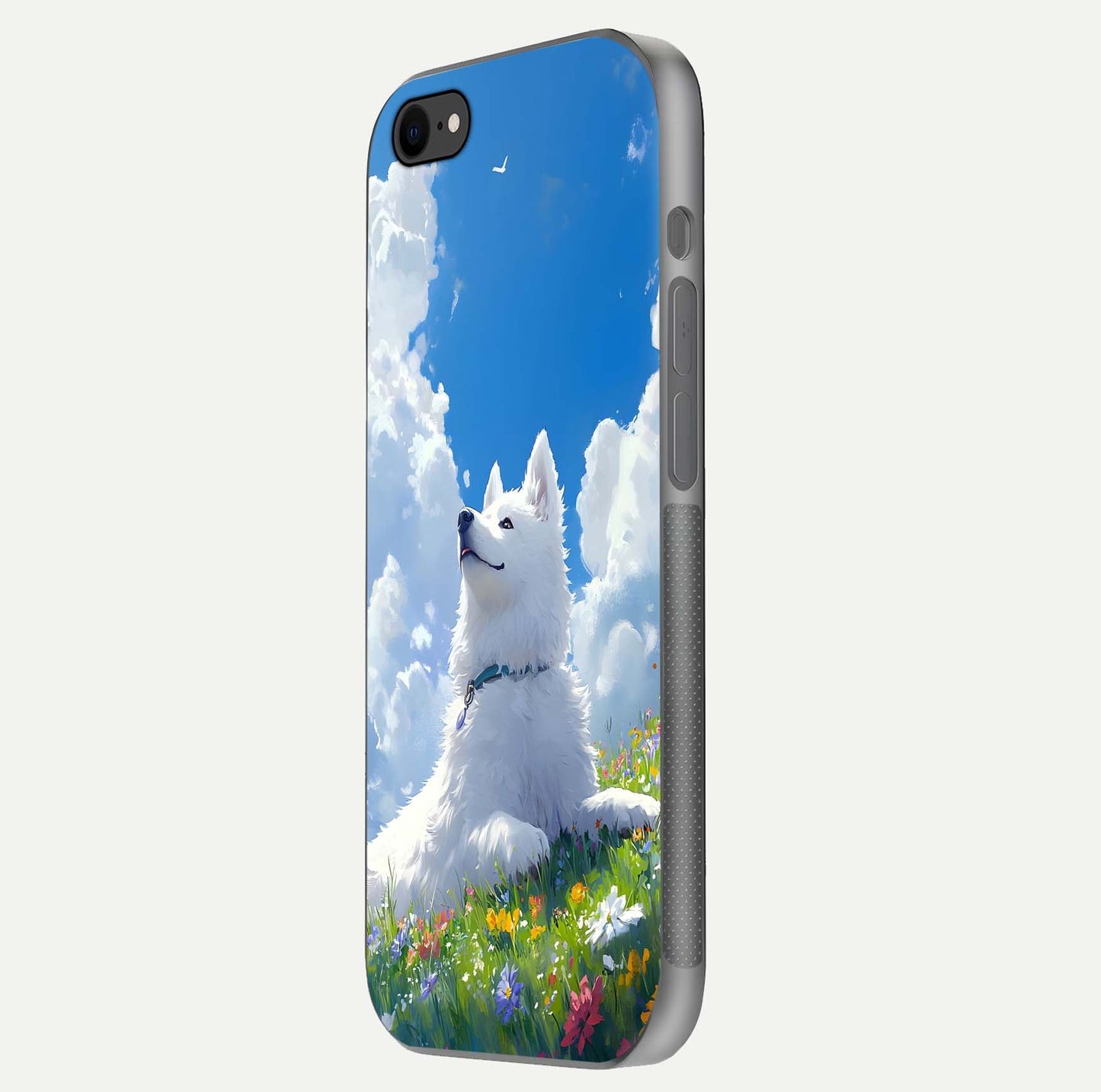 Blissful Cloud Pup Glass Case for iPhone 8 side-angle shot displaying puppy print and glossy texture
