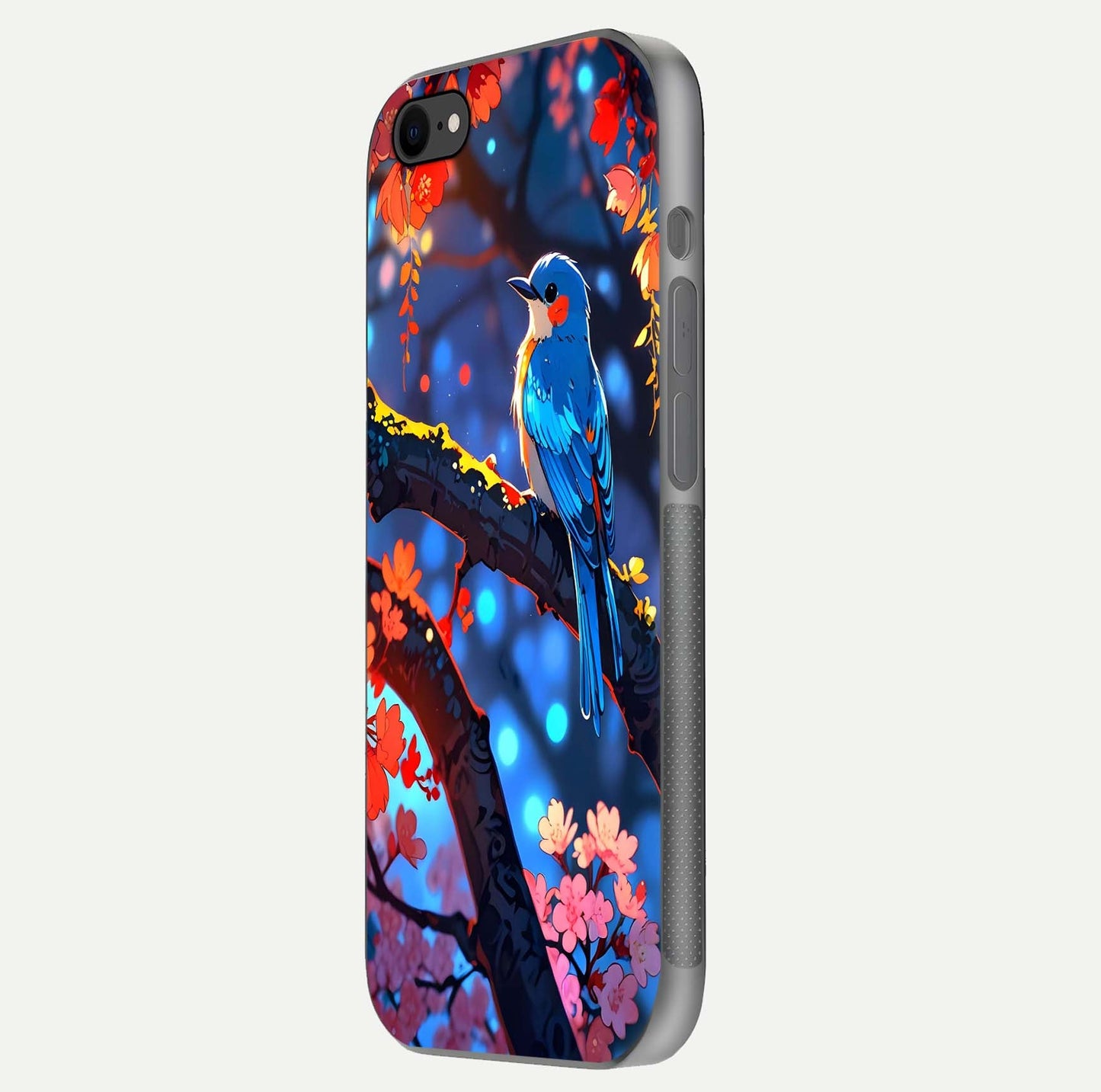 Blooming Spendor Bird Glass Case for iPhone 8 side-angle photo showing floral wings and reflection finish