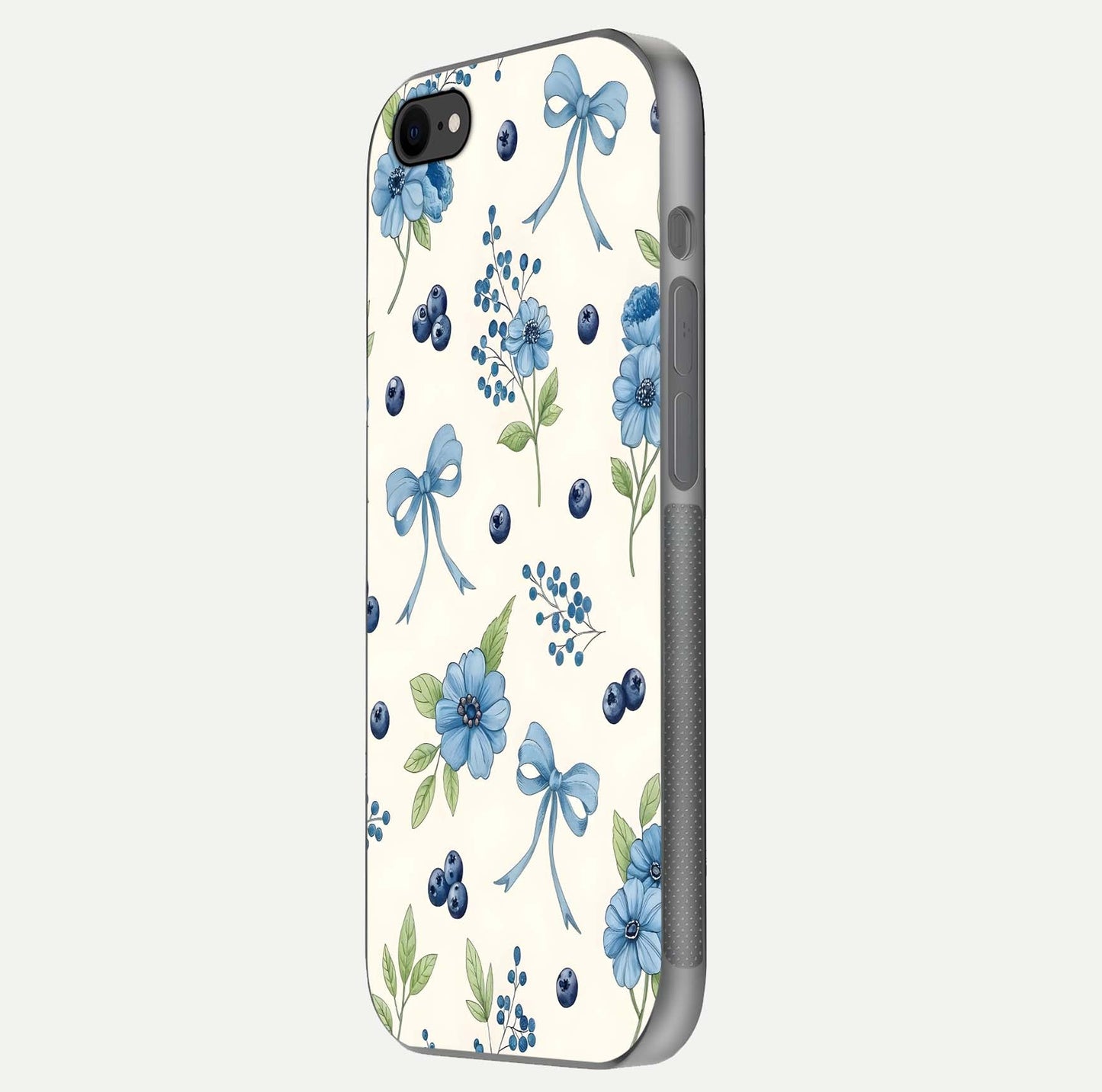 Blue Flower & Bow Glass Case for iPhone 8 side-angle image showing bow-floral mix and HD finish shine