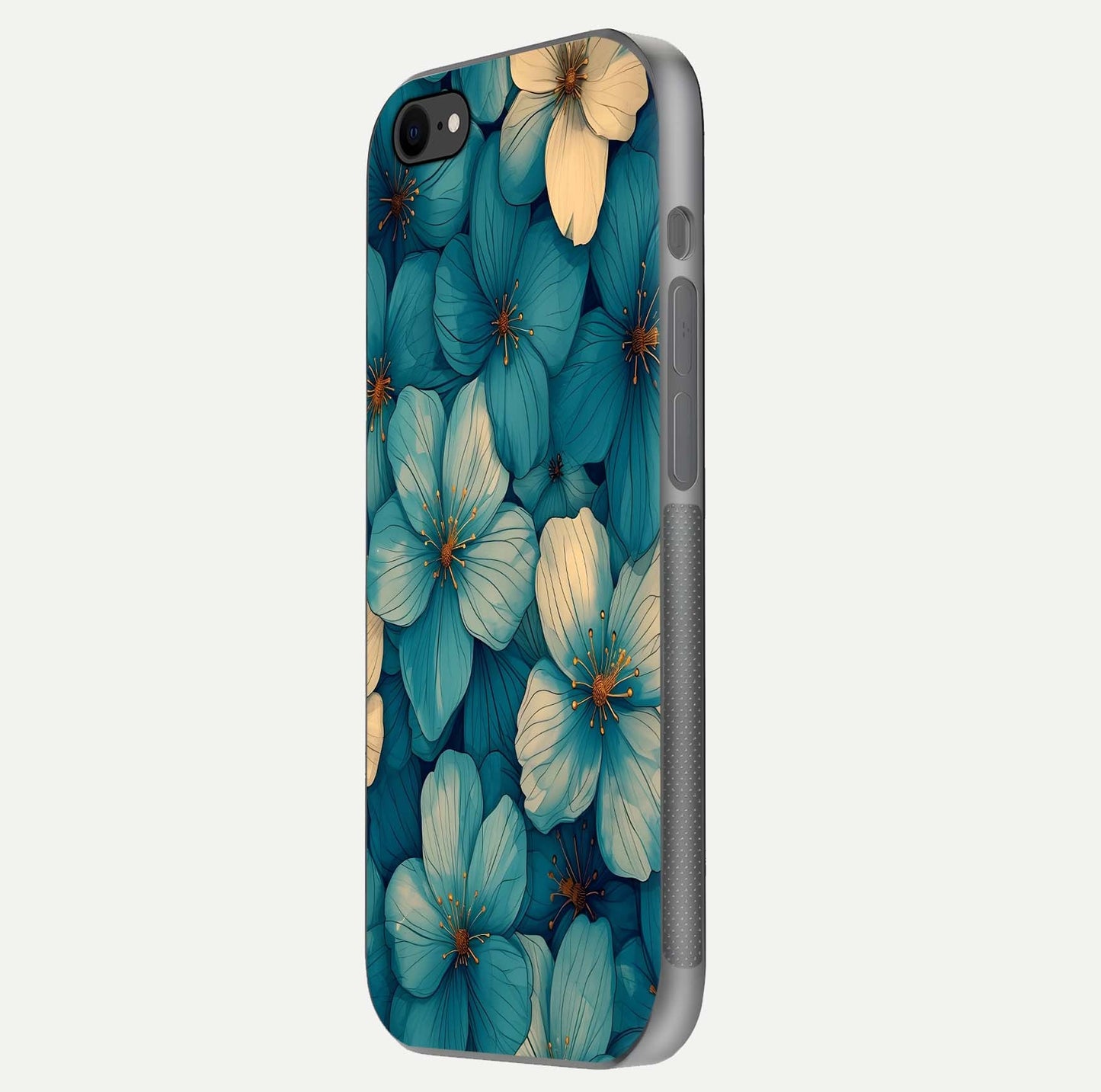 Blue Shade Floral Glass Case for iPhone 8 side-angle photo showing detailed floral hues and curved glass shine