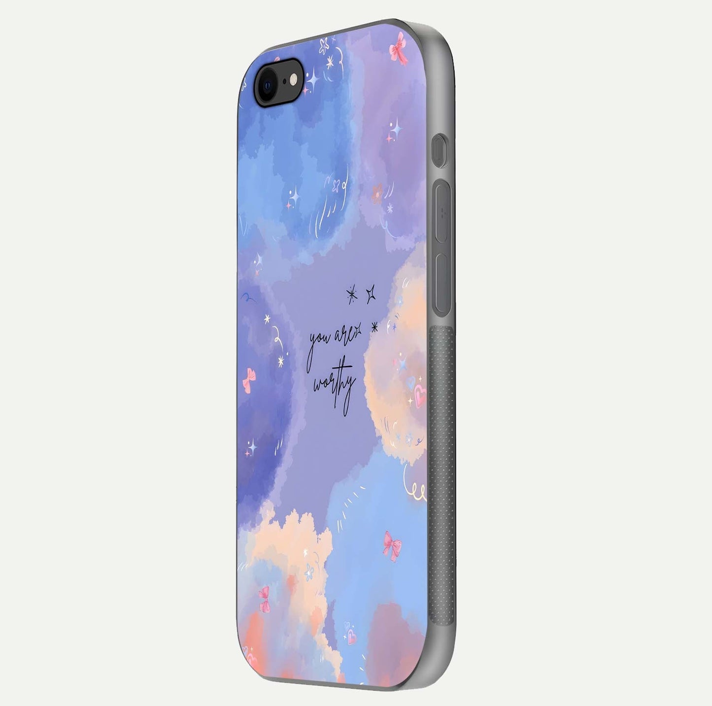 Celestial Cloud Magic Glass Case for iPhone 8 side-angle photo showing edge reflection and dreamy texture