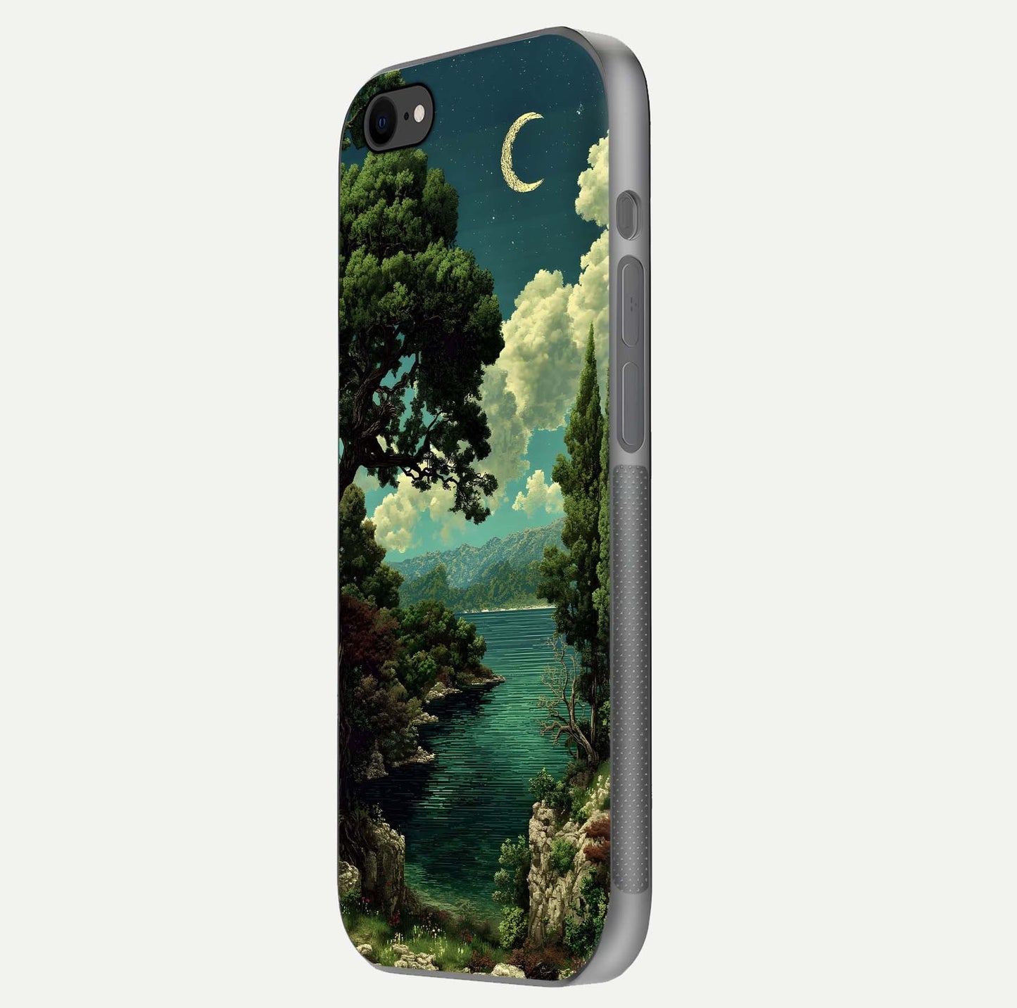Celestial Lake Peace Glass Case for iPhone 8 side-angle image displaying reflective glow and gentle edges