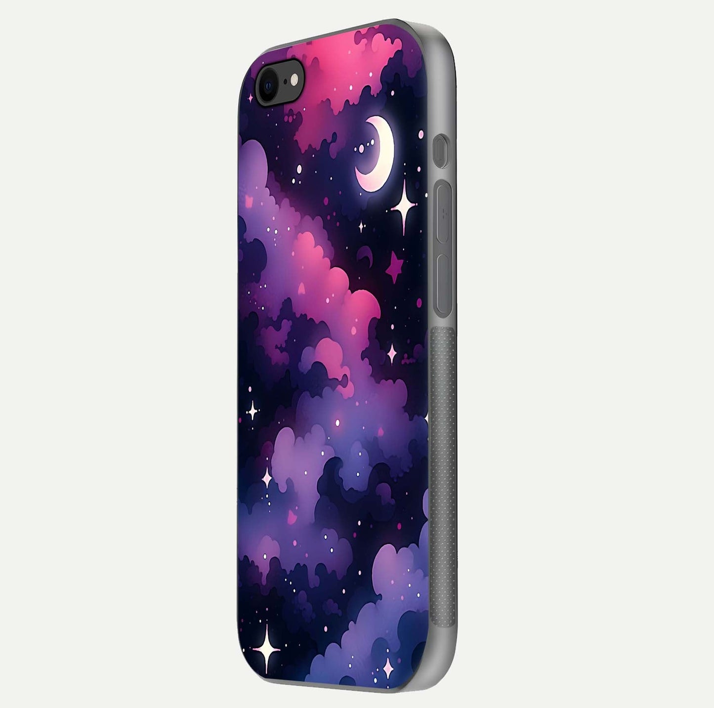 Celestial Moon Magic Glass Case for iPhone 8 side-angle shot capturing soft reflection and curved gloss