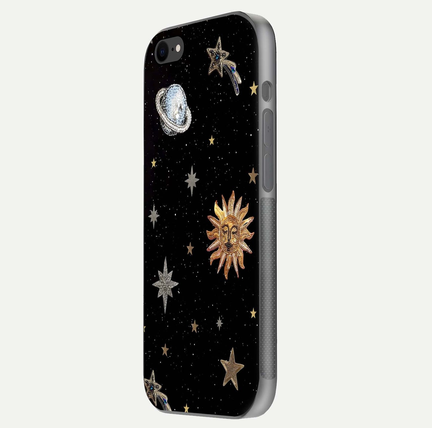 Celestial Moon With Stars Glass Case for iPhone 8 side-angle view showing curved edges and shimmer glow