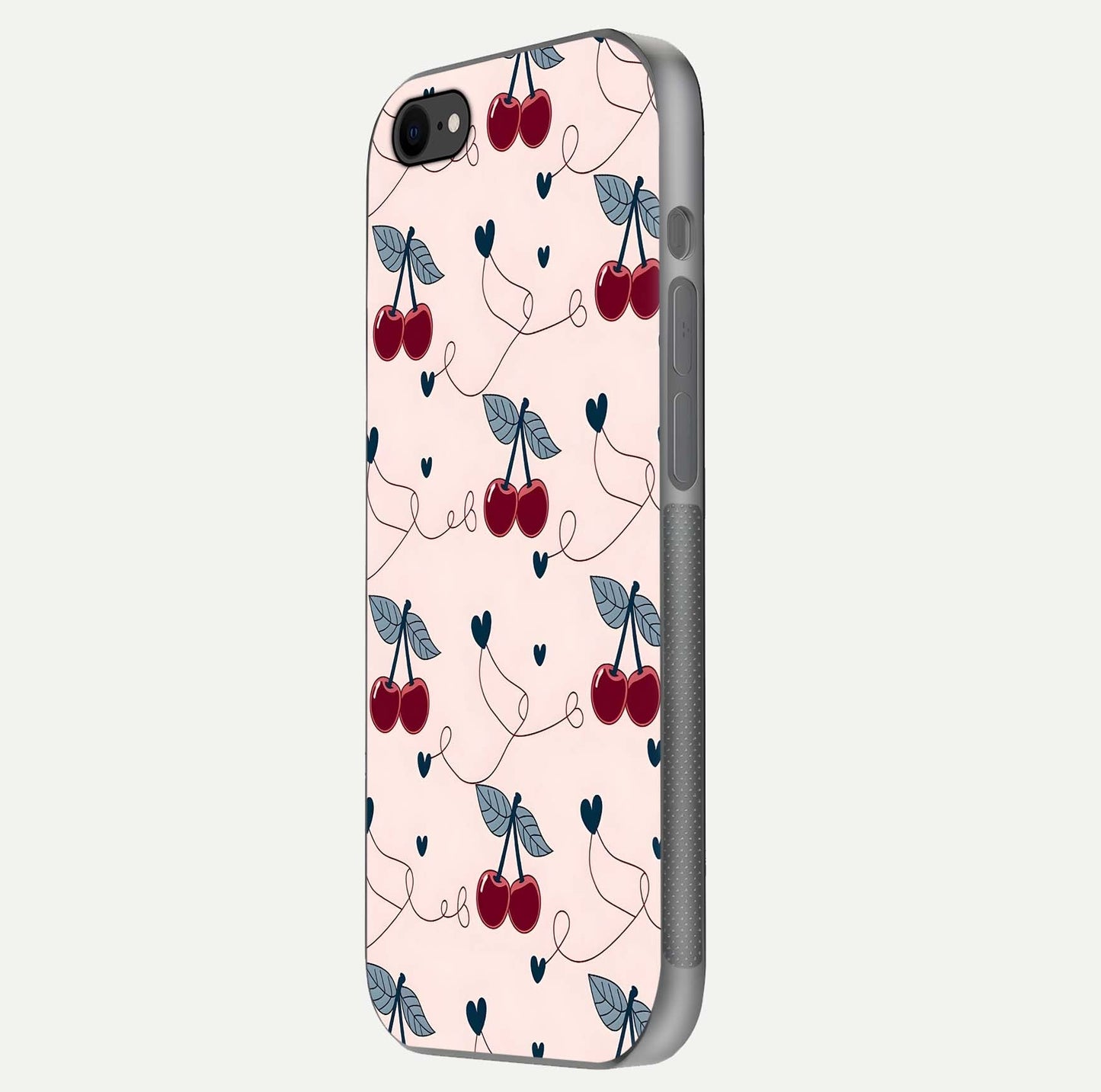 Cherry Heart Line Glass Case for iPhone 8 side-angle view capturing smooth curves and shine effect