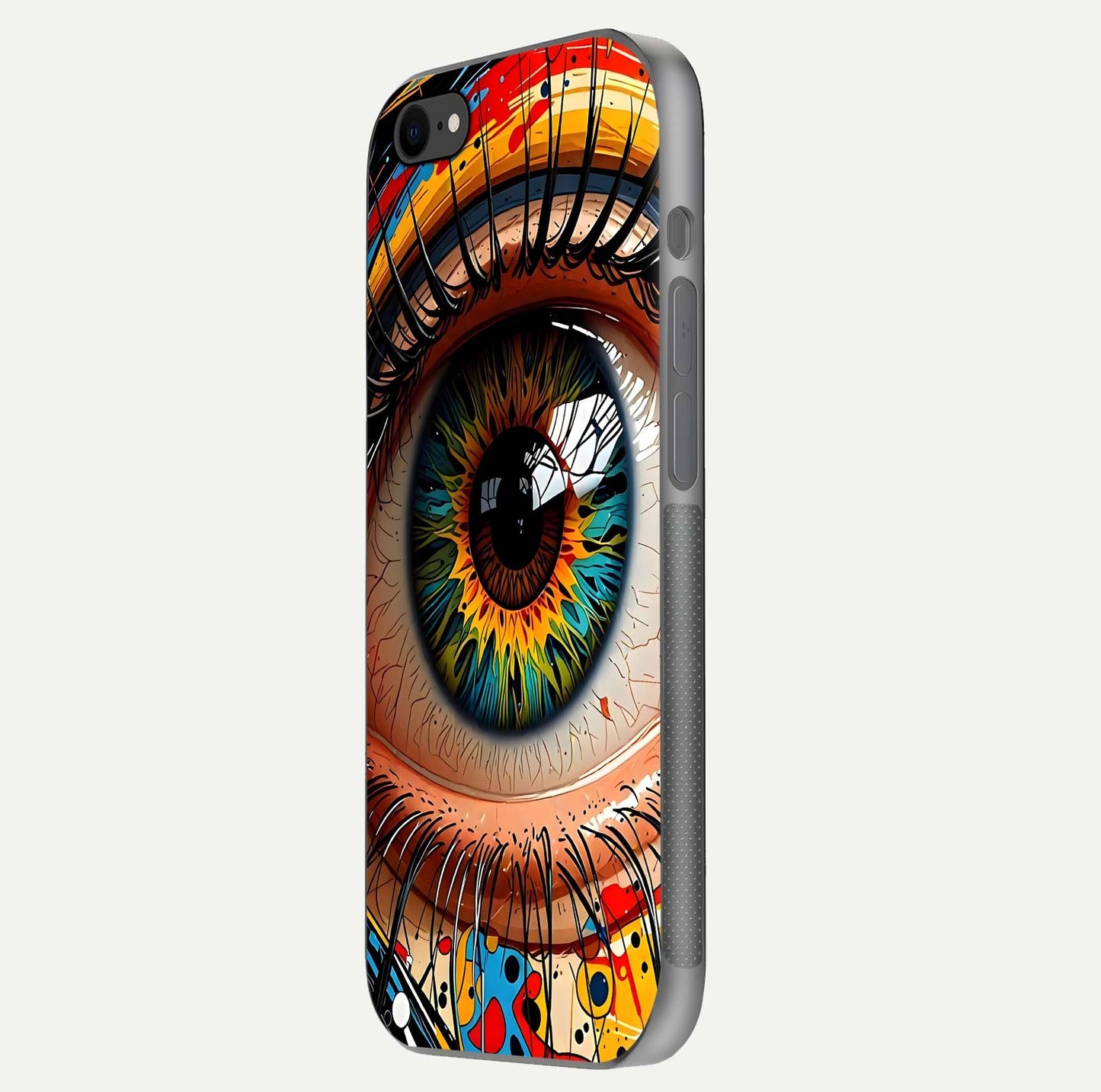 Colorful Eye Glass Case for iPhone 8 side-angle photo showing reflective surface and design detail