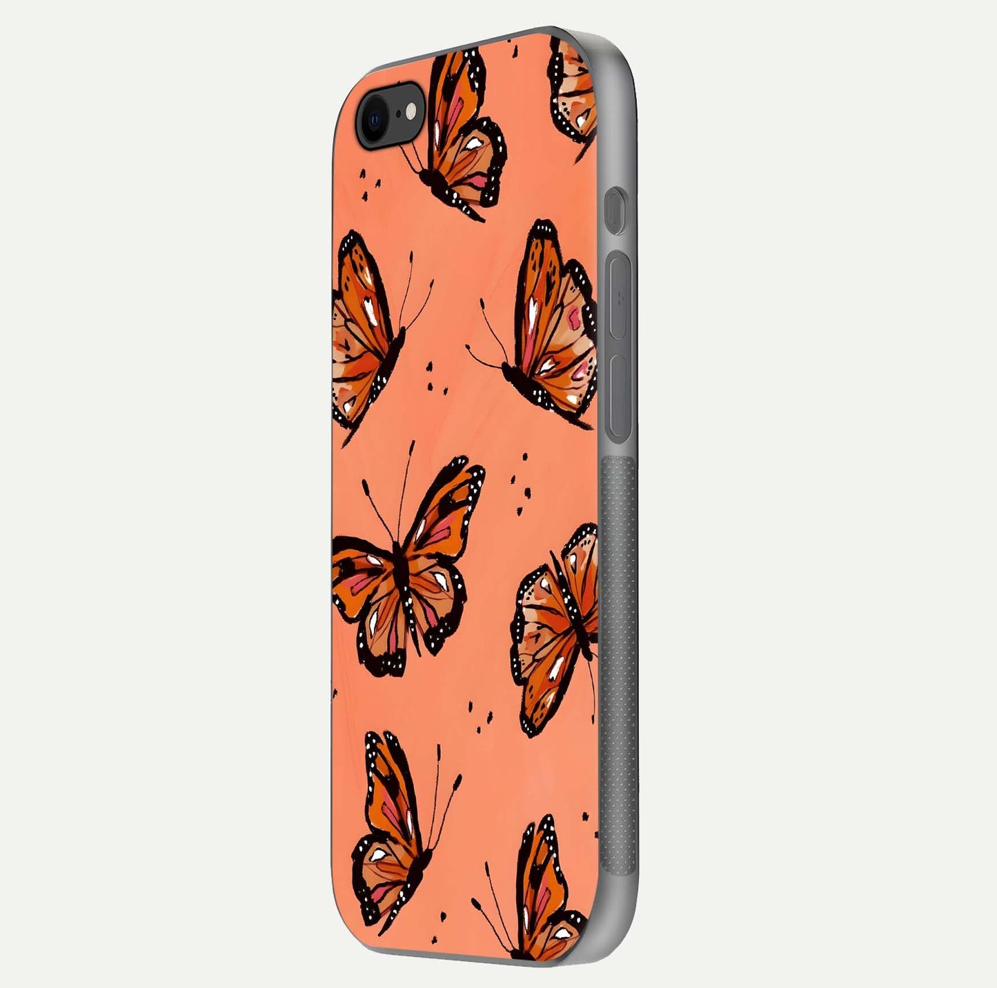 Coral Wing Butterfly Glass Case for iPhone 8 side-angle photo showing reflective finish and smooth edges
