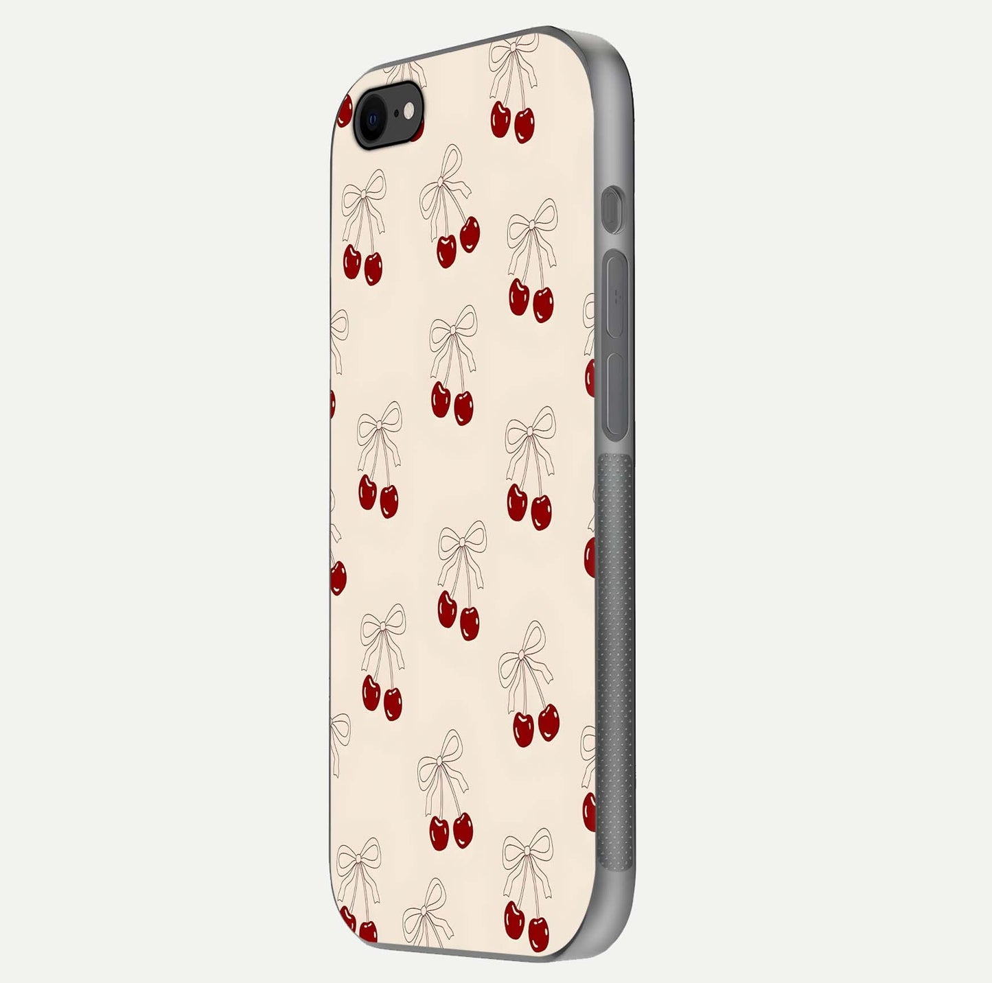 Cute Cherry Pattern Glass Case for iPhone 8 side-angle photo highlighting gloss curve and pattern clarity