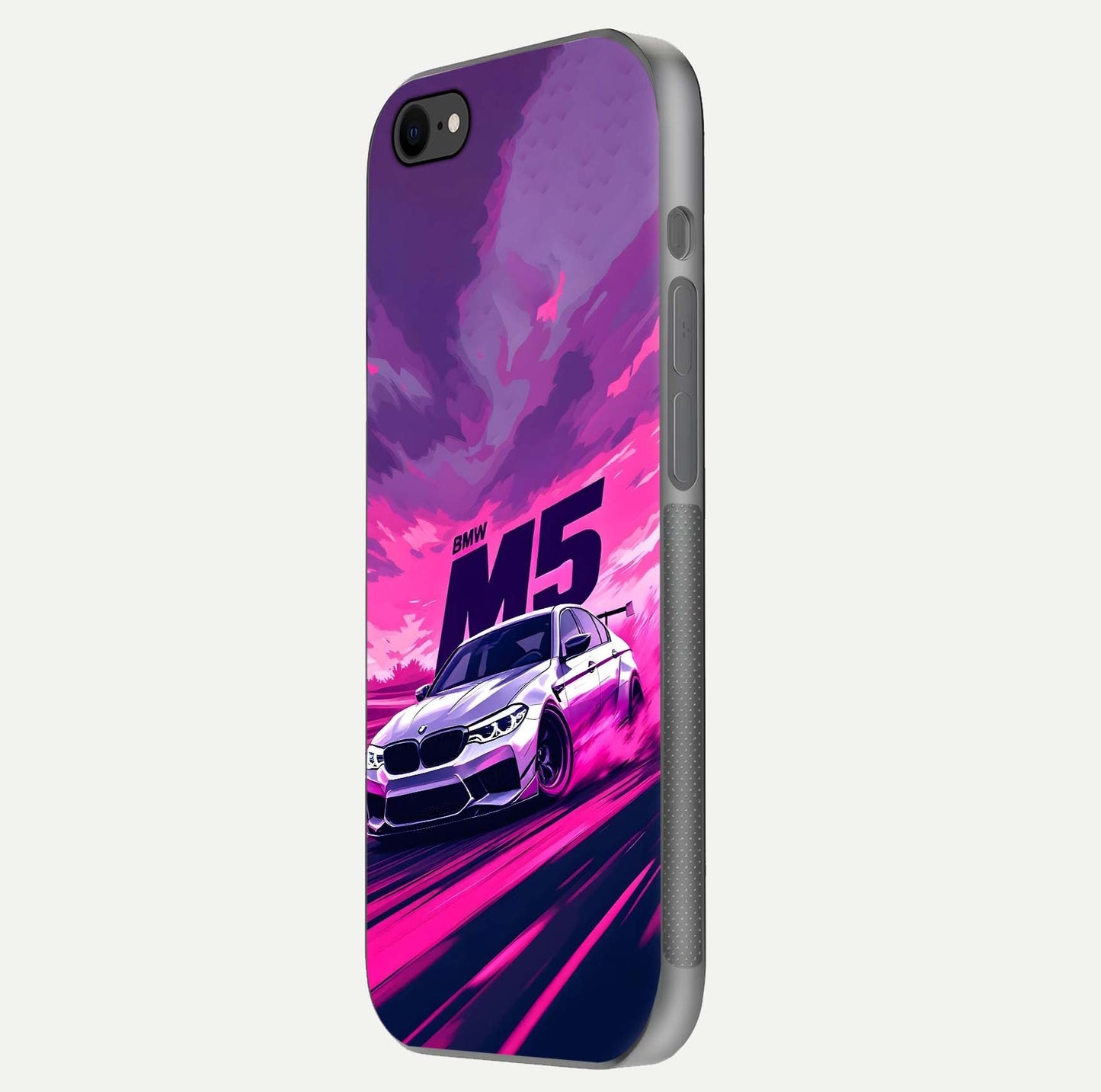 MS Neon Car Glass Case for iPhone 8 side-angle image showing glow reflection and car detailing
