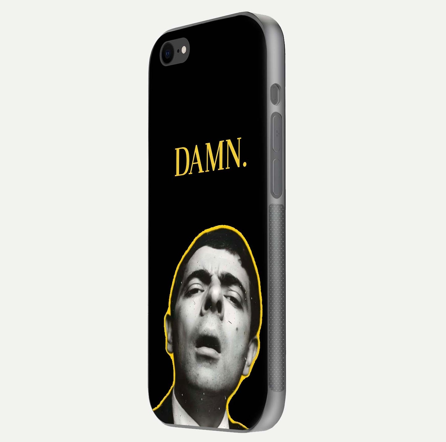 Mr Bean Damn Glass Case for iPhone 8 side-angle image emphasizing HD print clarity and playful theme