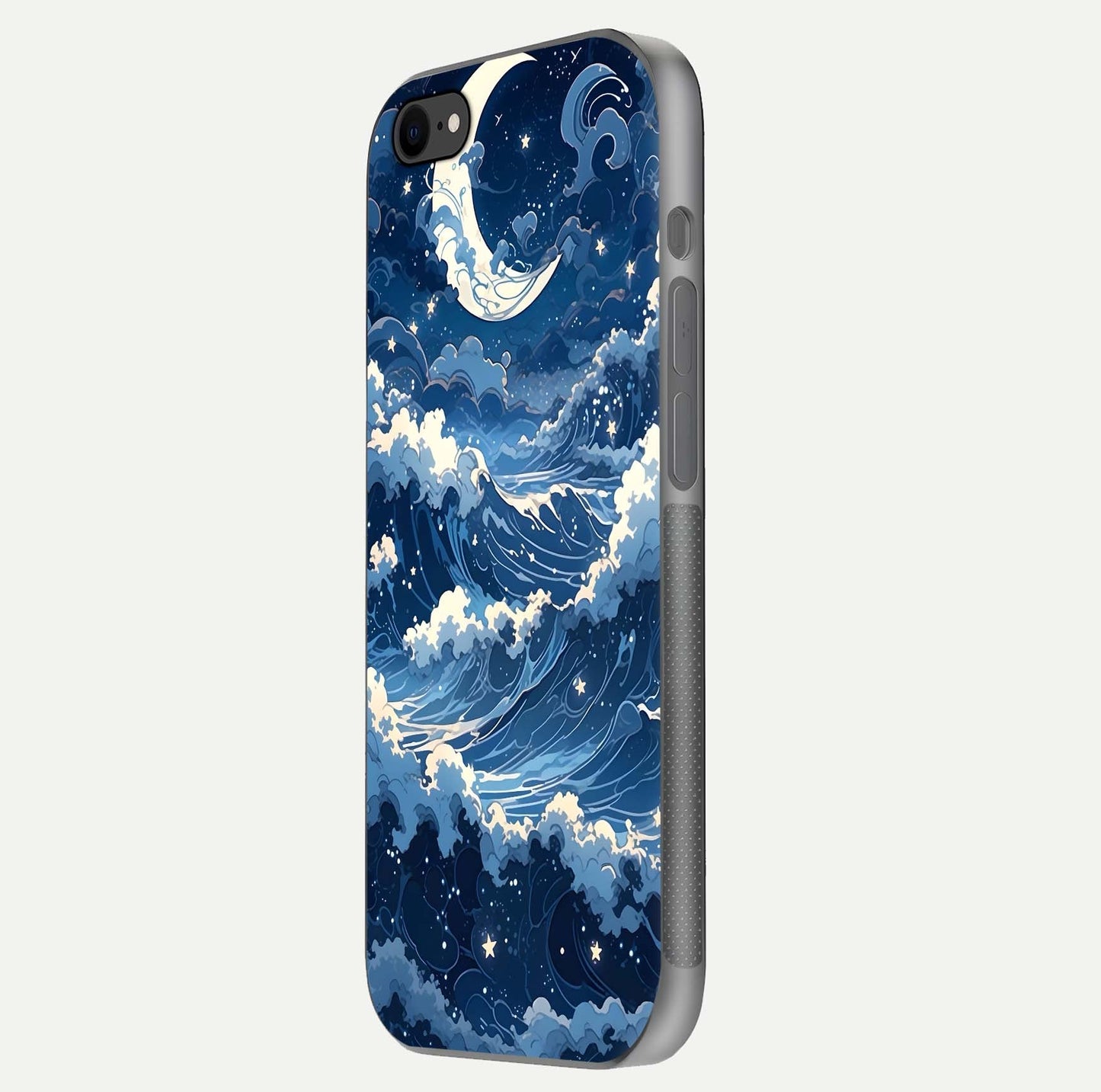 Ocean Moon Waves Glass Case for iPhone 8 side-angle image showing shine and ocean gradient tones