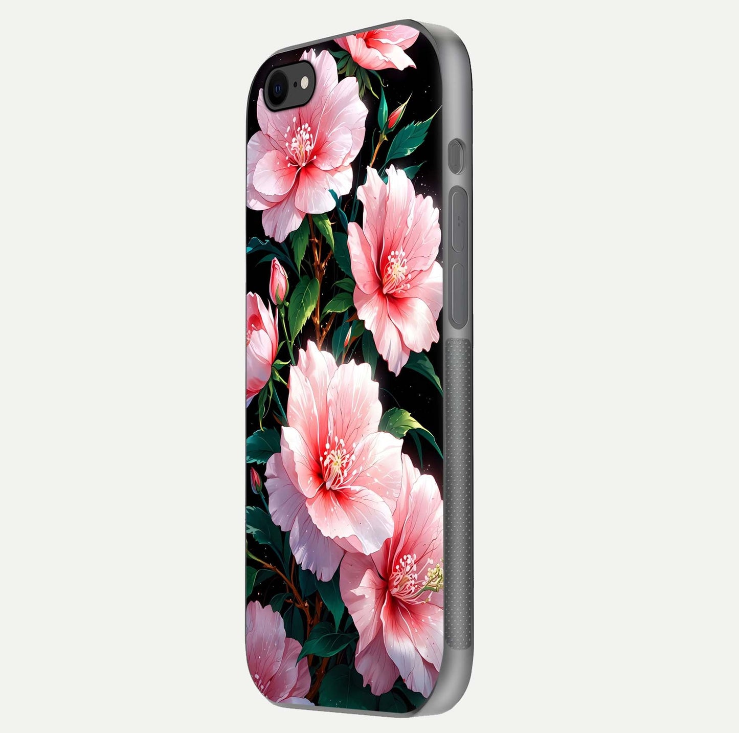 Peach Flower Glass Case for iPhone 8 side-angle image showing gloss depth and peach blossom detail