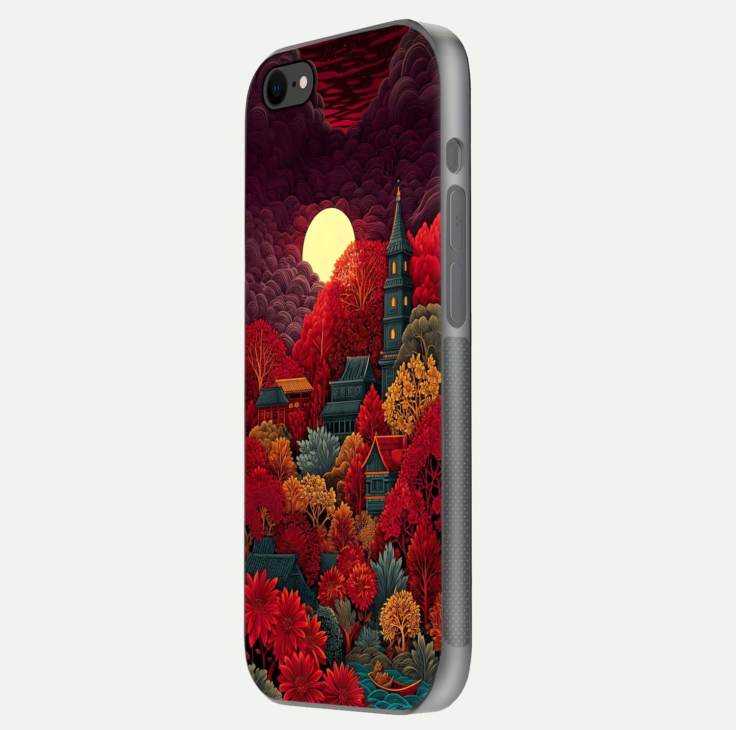 Scarlet Autumn Temple Glass Case for iPhone 8 side-angle image showing color depth and reflection clarity