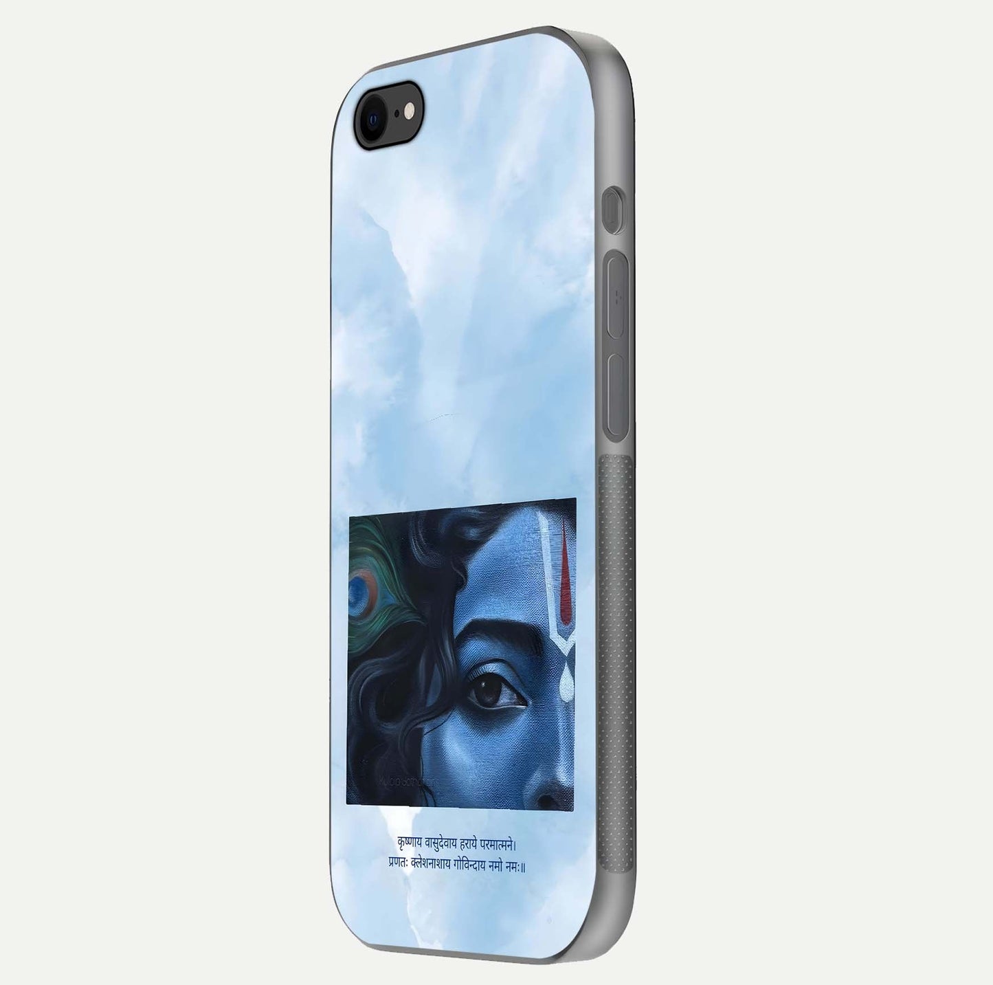Spiritual Krishna Glass Case for iPhone 16 Pro side-angle image showing reflection and vivid artwork clarity