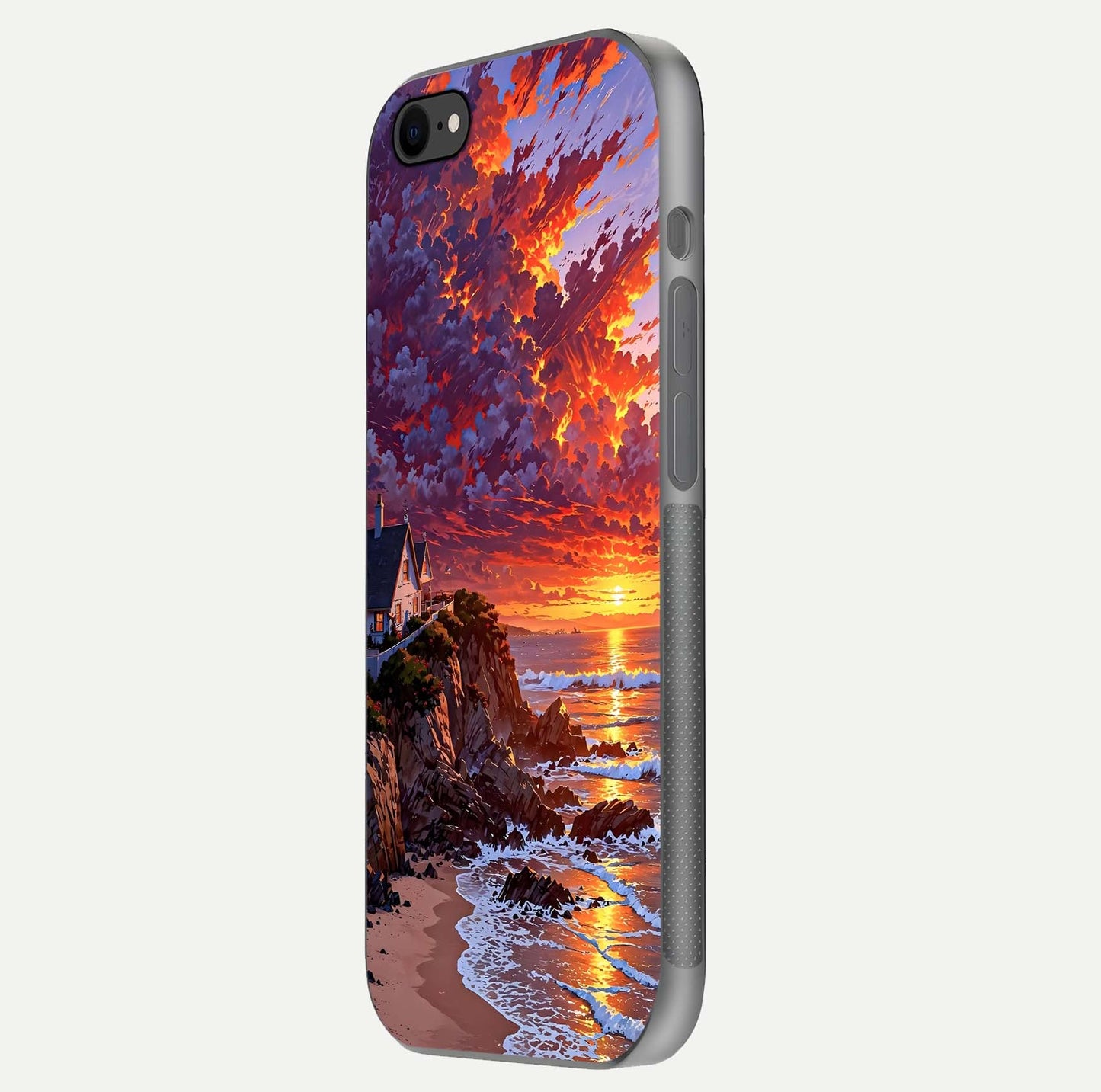 Sunset House by Sea Glass Case for iPhone 8 side-angle image showing reflection and seaside color tone