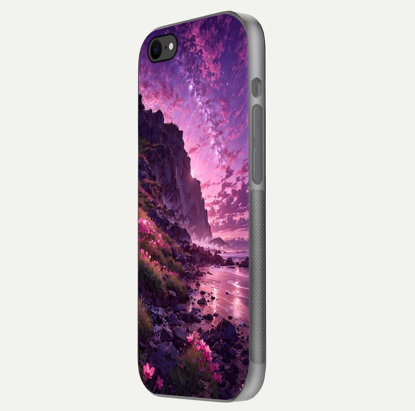 Twilight Blossom Coast Glass Case for iPhone 8 side-angle image showing shine, reflection, and petal tone
