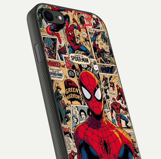 Aesthetic Spider Man Glass Case for iPhone 8 close-up angled shot showing detailed Spider-Man artwork and gloss reflection