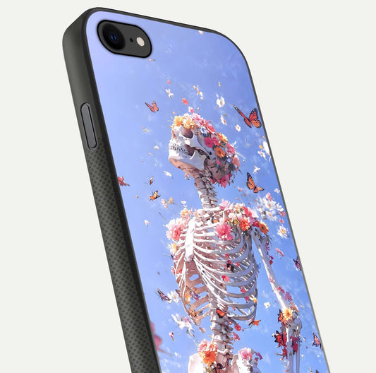 Bloom Beyond Bones Glass Case for iPhone 8 close-up highlighting unique bone-floral fusion art and reflection