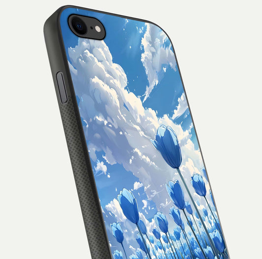Blue Tulip Clouds Glass Case for iPhone 8 close-up image highlighting tulip petals, clouds, and reflection texture