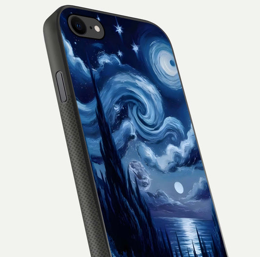 Celestial Dream Van Gogh Glass Case for iPhone 8 close-up view capturing vivid brush details and star reflection
