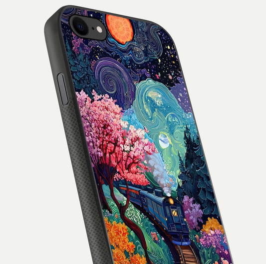 Celestial Train Journey Glass Case for iPhone 8 close-up highlighting train lights, cosmic tones, and reflection detail