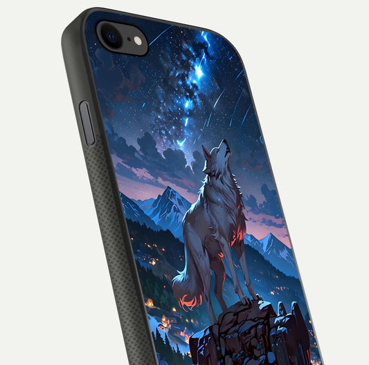 Celestial Wolf Howl Glass Case for iPhone 8 close-up showing wolf silhouette and glowing moon reflection