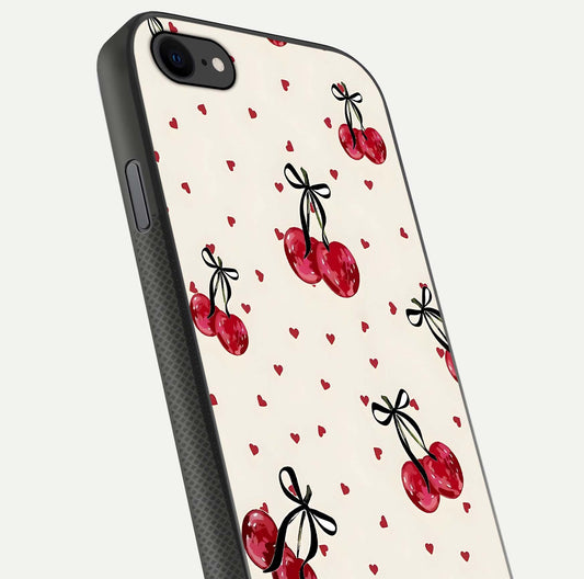 Cherry Heart Bow Glass Case for iPhone 8 close-up highlighting small bows, cherry red tones, and gloss shine