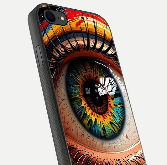 Colorful Eye Glass Case for iPhone 8 close-up highlighting eye pattern detail and reflection shine