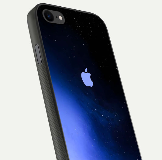 Cosmic Blue Apple Glass Case for iPhone 8 close-up highlighting galaxy pattern, shine, and reflection detail