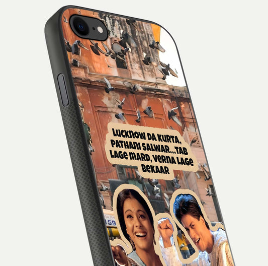Desi Retro Vibes Glass Case for iPhone 8 close-up highlighting retro color palette and reflection glow