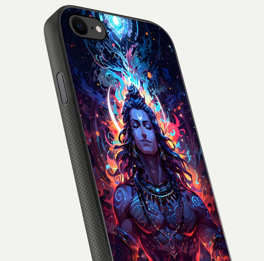Divine Fire Shiv Glass Case for iPhone 8 close-up highlighting divine detailing and reflection depth
