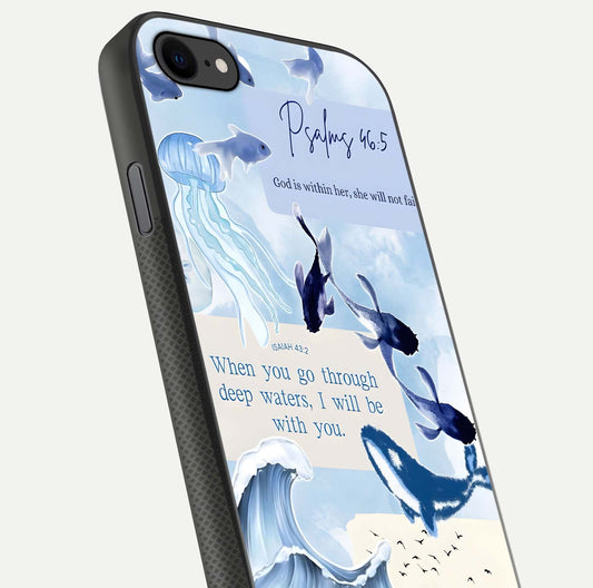Faithful Ocean Promise Glass Case for iPhone 8 close-up highlighting water reflection and serene blue tones