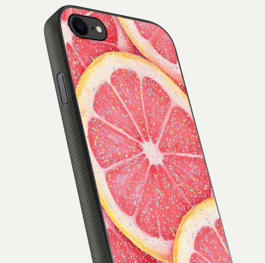 Glitter Grapefruit Glass Case for iPhone 8 close-up angled shot showing fruit texture and glitter reflection