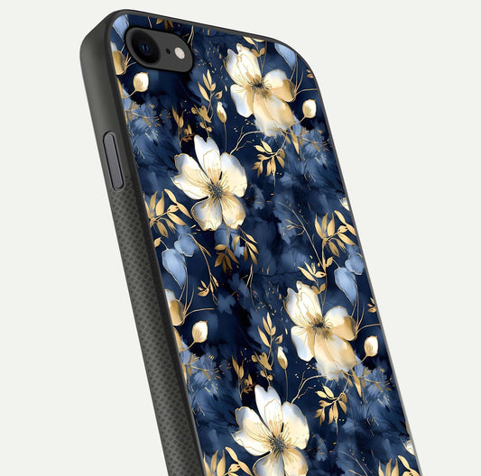 Golden Midnight Bloom Glass Case for iPhone 8 close-up angled shot showing floral detail and reflection shine