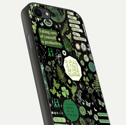 Green Moon Energy Glass Case for iPhone 8 close-up angled shot showing glowing lunar detail and reflection shine
