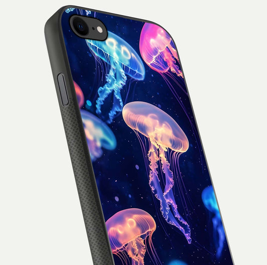 Jellyfish Pattern Glass Case for iPhone 8 close-up angled shot showing translucent tentacles and light reflection