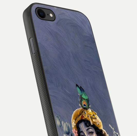 Lord Krishna Glass Case for iPhone 8 angled close-up showing intricate flute and reflection details
