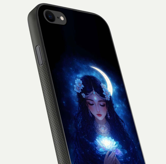 Mystic Moon Queen Glass Case for iPhone 8 close-up angled shot showing shine and lunar tones