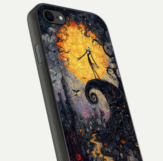 Pumpkin Moon Night Glass Case for iPhone 8 close-up angled shot showing moon reflection and Halloween glow
