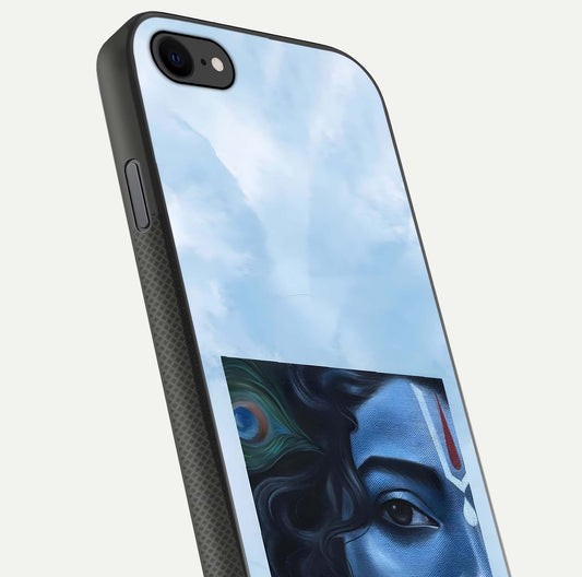 Spiritual Krishna Glass Case for iPhone 16 Pro close-up angled shot showing HD print, color tone, and reflection