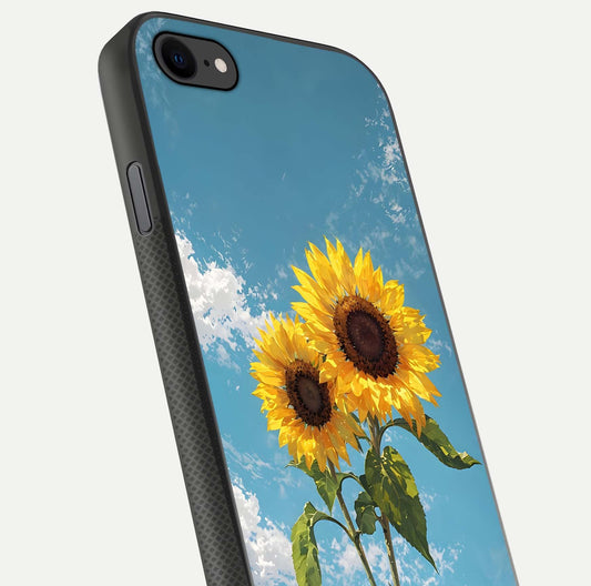 Sunflower Sky Bloom Glass Case for iPhone 8 close-up angled shot highlighting petal details and reflection