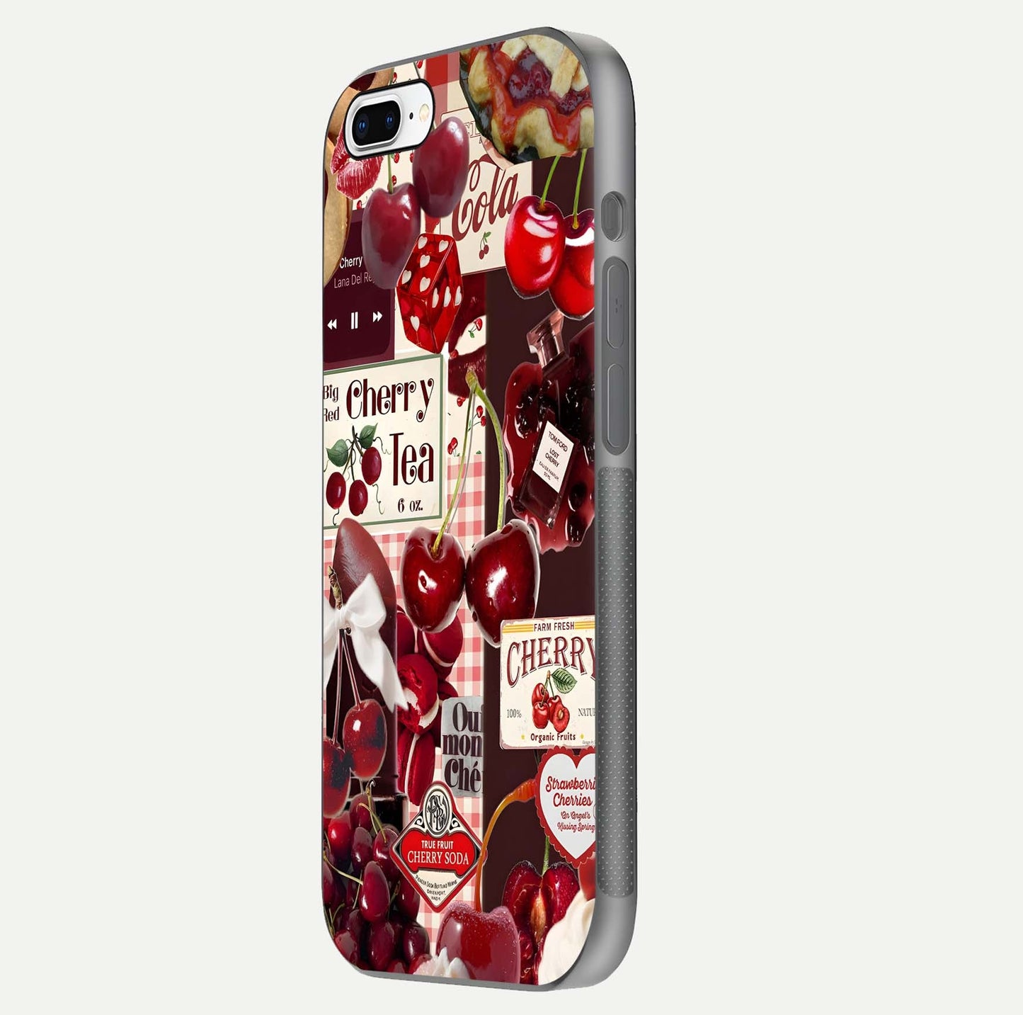 Aesthetic Cherry Tea Glass Case for iPhone 16 Pro side-angle image showing cherry collage print, camera module, and glossy finish reflection