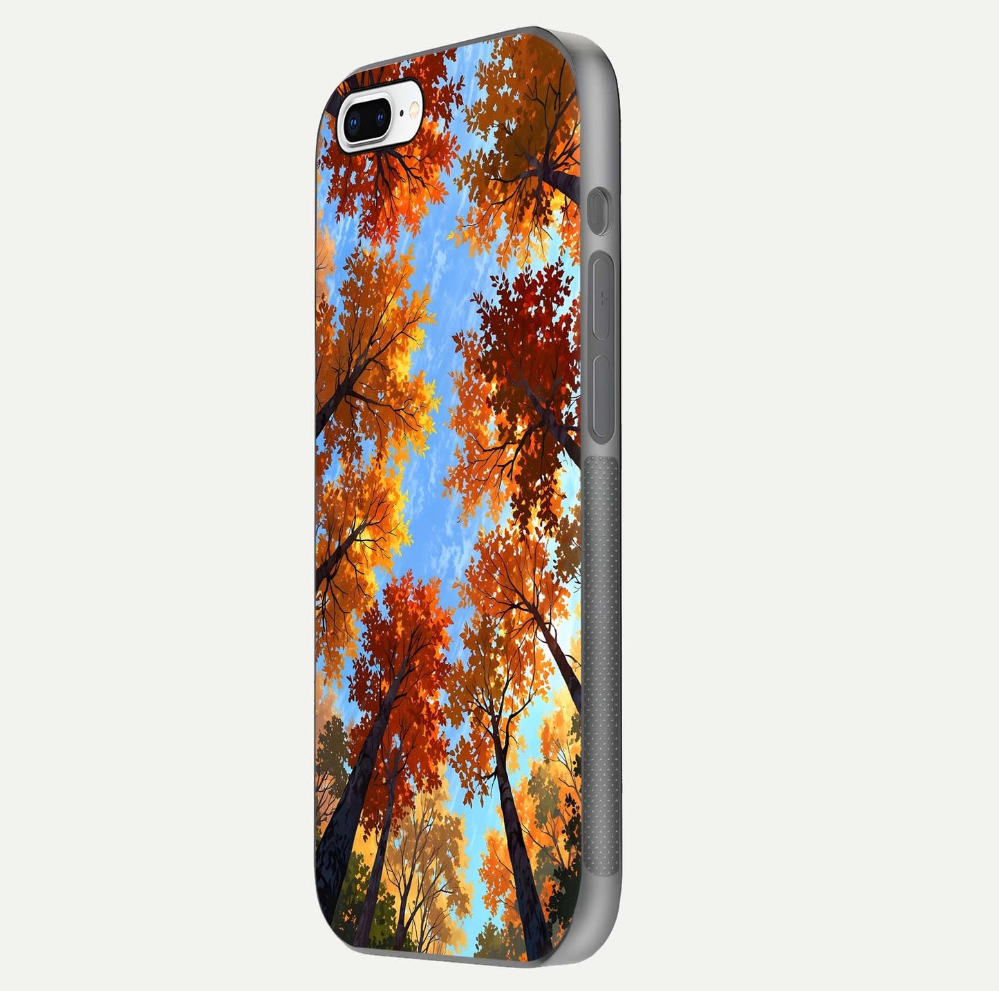 Autumn Sky Rise Glass Case for iPhone 16 Pro side-angle showing autumn art tones and protective corners