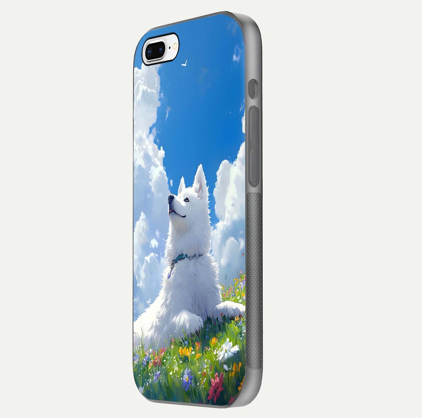Blissful Cloud Pup Glass Case for iPhone 8 Plus side-angle shot displaying puppy print and glossy texture