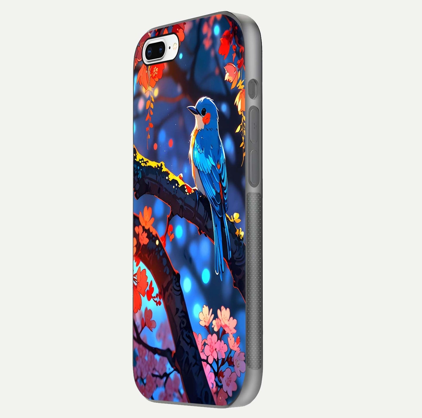 Blooming Spendor Bird Glass Case for iPhone 8 Plus side-angle photo showing floral wings and reflection finish