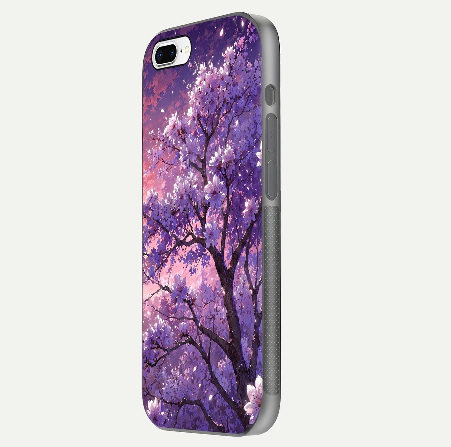 Blossom Tree Glass Case for iPhone 8 Plus side-angle image showing floral tree artwork and reflection gloss