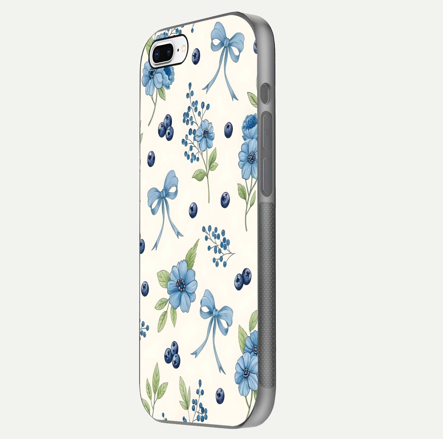 Blue Flower & Bow Glass Case for iPhone 16 Pro side-angle image showing bow-floral mix and HD finish shine