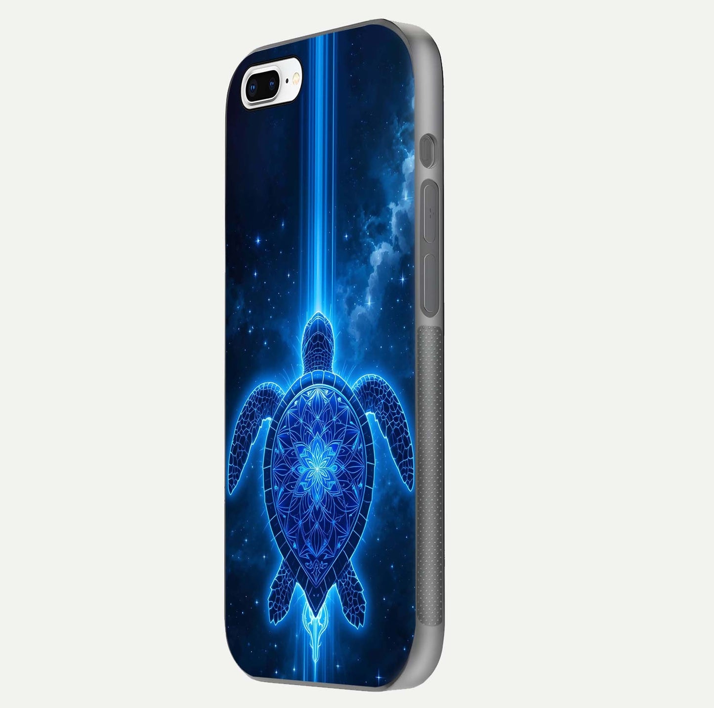 Blue Galaxy Turtle Glass Case for iPhone 8 Plus side-angle photo capturing galaxy shine and smooth edge design