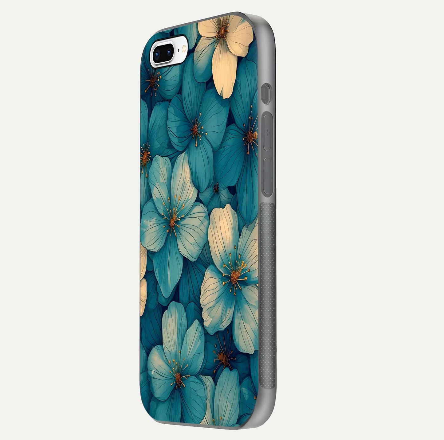 Blue Shade Floral Glass Case for iPhone 16 Pro side-angle photo showing detailed floral hues and curved glass shine