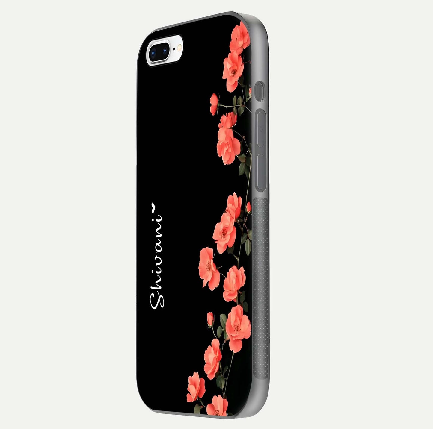 Crimson Bloom Grace Custom Name Glass Case for iPhone 8 Plus side-angle photo capturing edge glow and name clarity